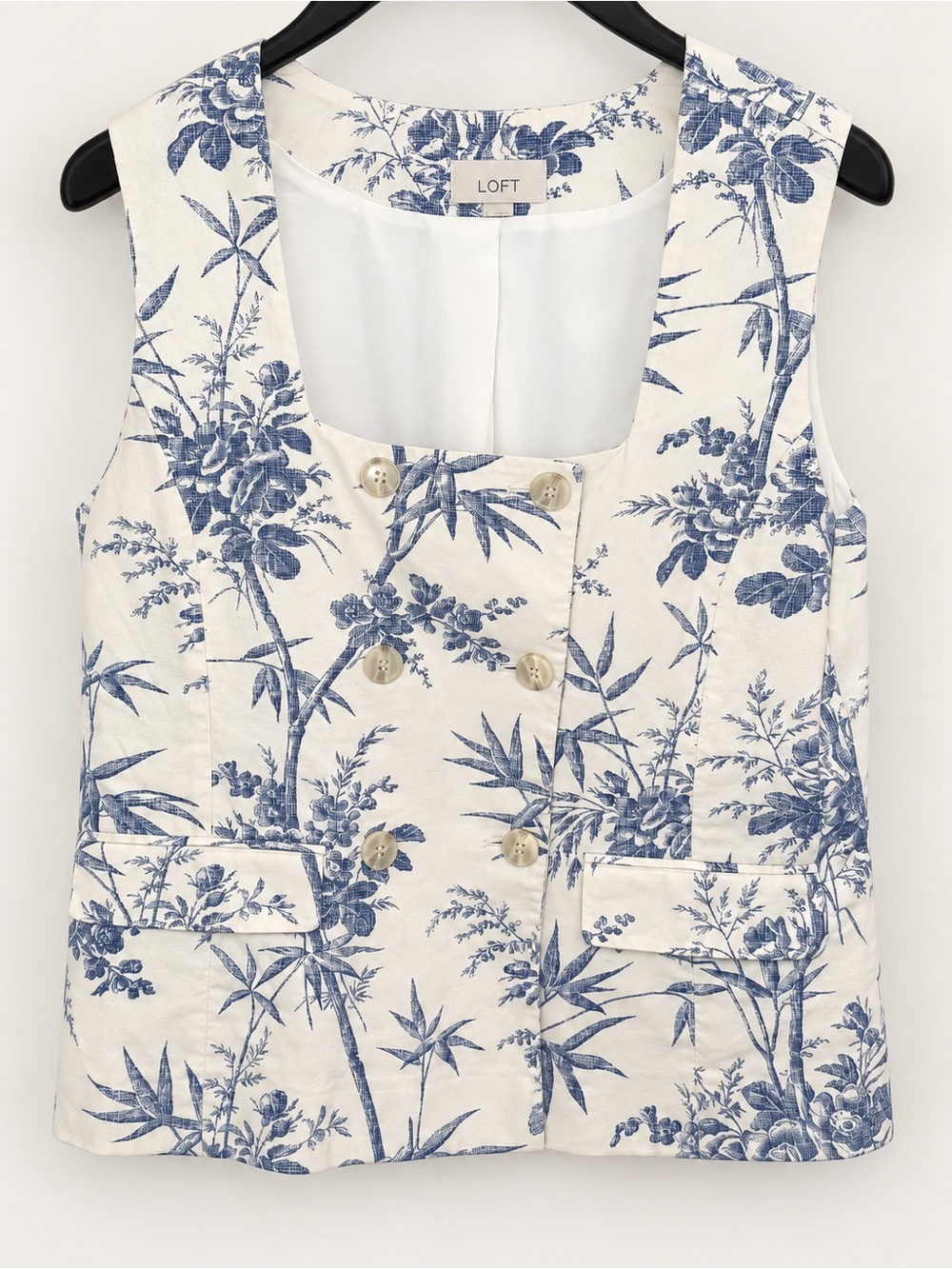 LOFT White and Blue Floral Double-Breasted Sleeveless Crop Top